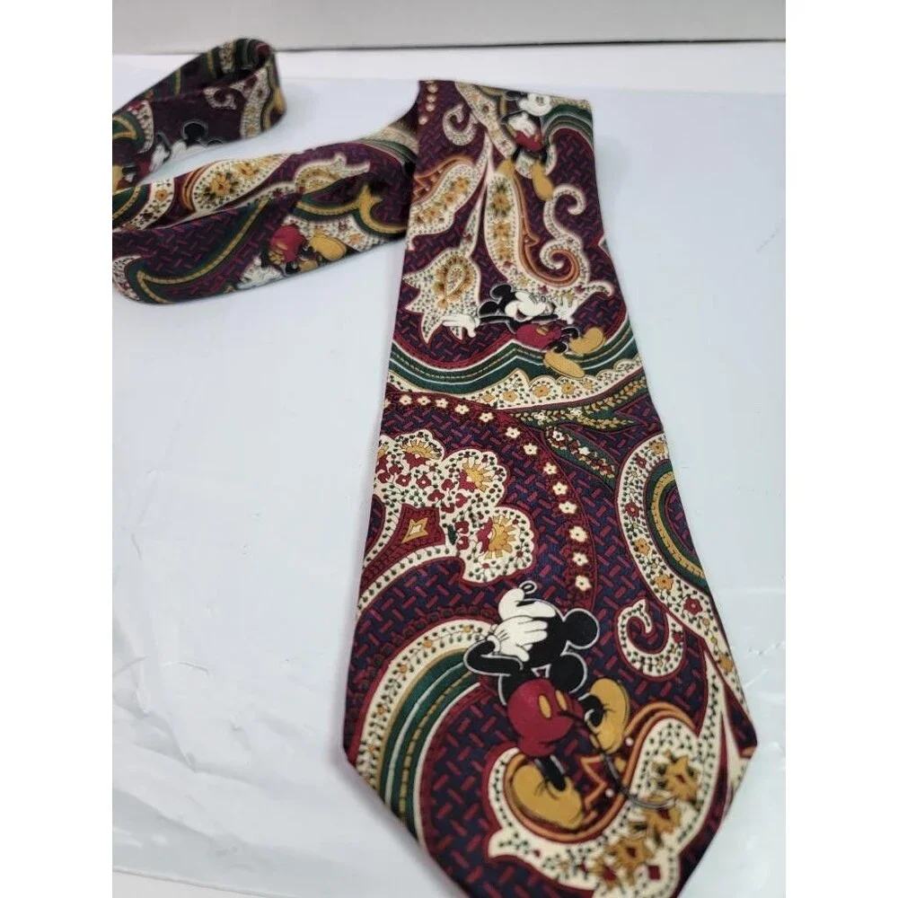 Disney Mickey Mouse Mens Silk Tie Vintage Paisley Burgundy Red Green Gold